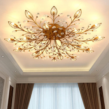 Luxury Gold Branch Leaf Crystal Semi-Flush Mount Light