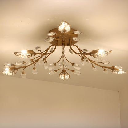 Luxury Gold Branch Leaf Crystal Semi-Flush Mount Light