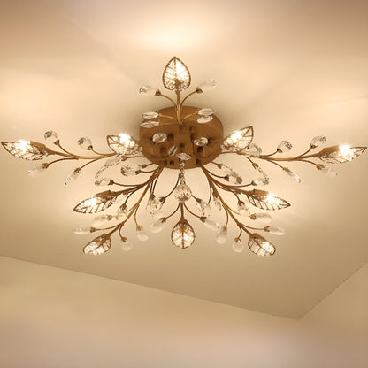 Luxury Gold Branch Leaf Crystal Semi-Flush Mount Light