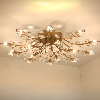 Luxury Gold Branch Leaf Crystal Semi-Flush Mount Light