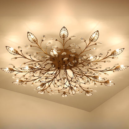 Luxury Gold Branch Leaf Crystal Semi-Flush Mount Light