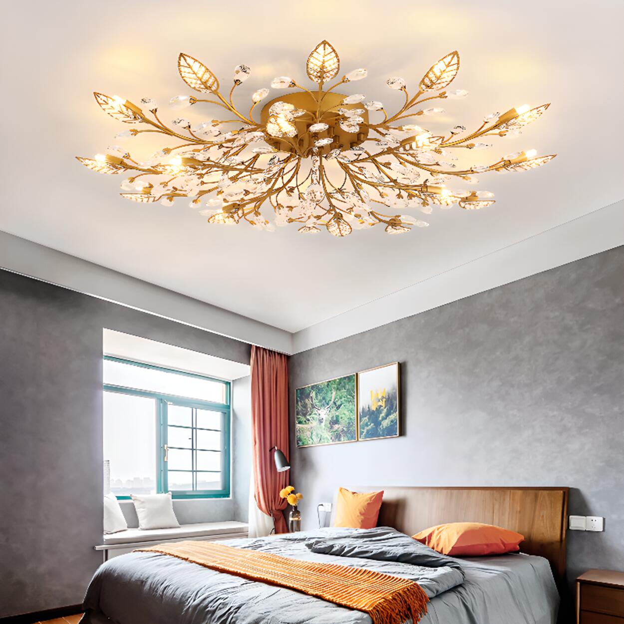 Luxury Gold Branch Leaf Crystal Semi-Flush Mount Light