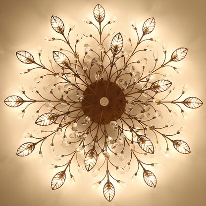 Luxury Gold Branch Leaf Crystal Semi-Flush Mount Light