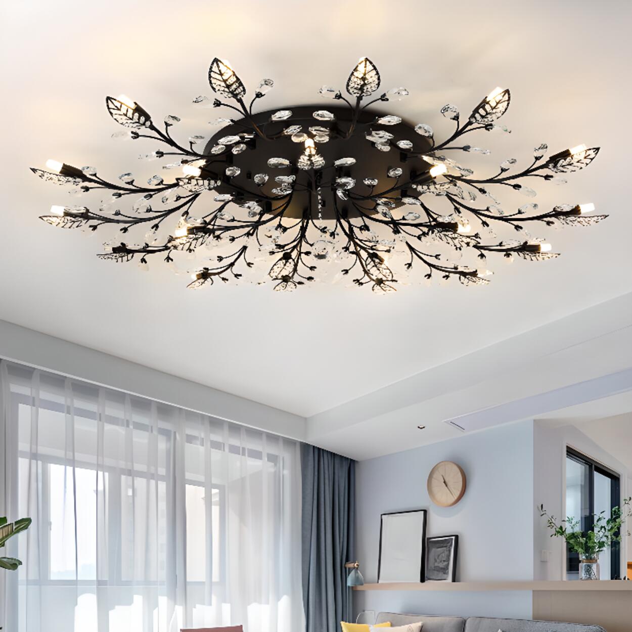 Luxury Gold Branch Leaf Crystal Semi-Flush Mount Light