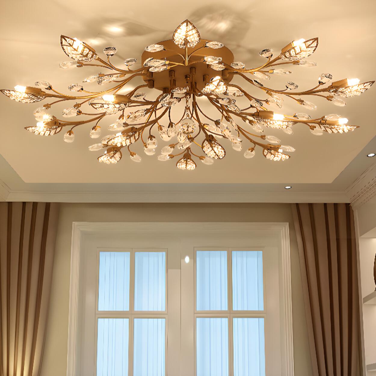 Luxury Gold Branch Leaf Crystal Semi-Flush Mount Light