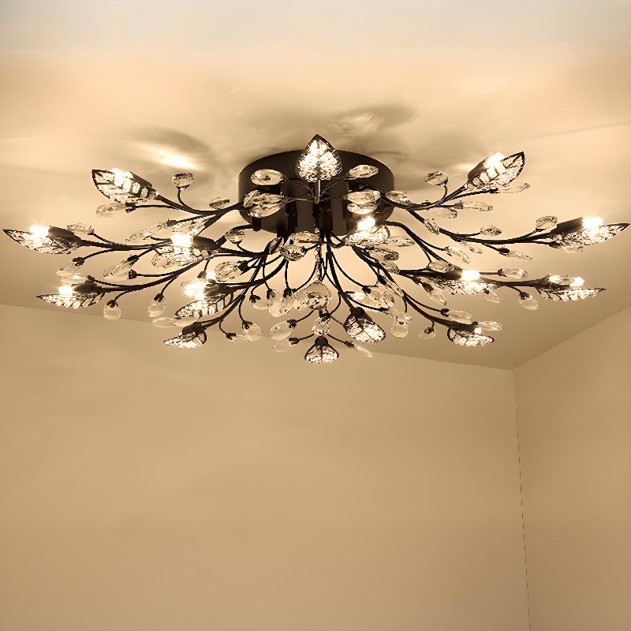 Luxury Gold Branch Leaf Crystal Semi-Flush Mount Light