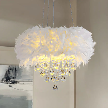 Luxury White Feather and Crystal Drum Pendant Light