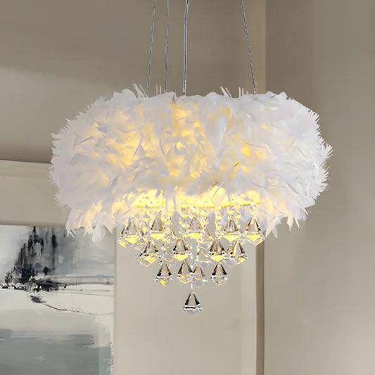 Luxury White Feather and Crystal Drum Pendant Light