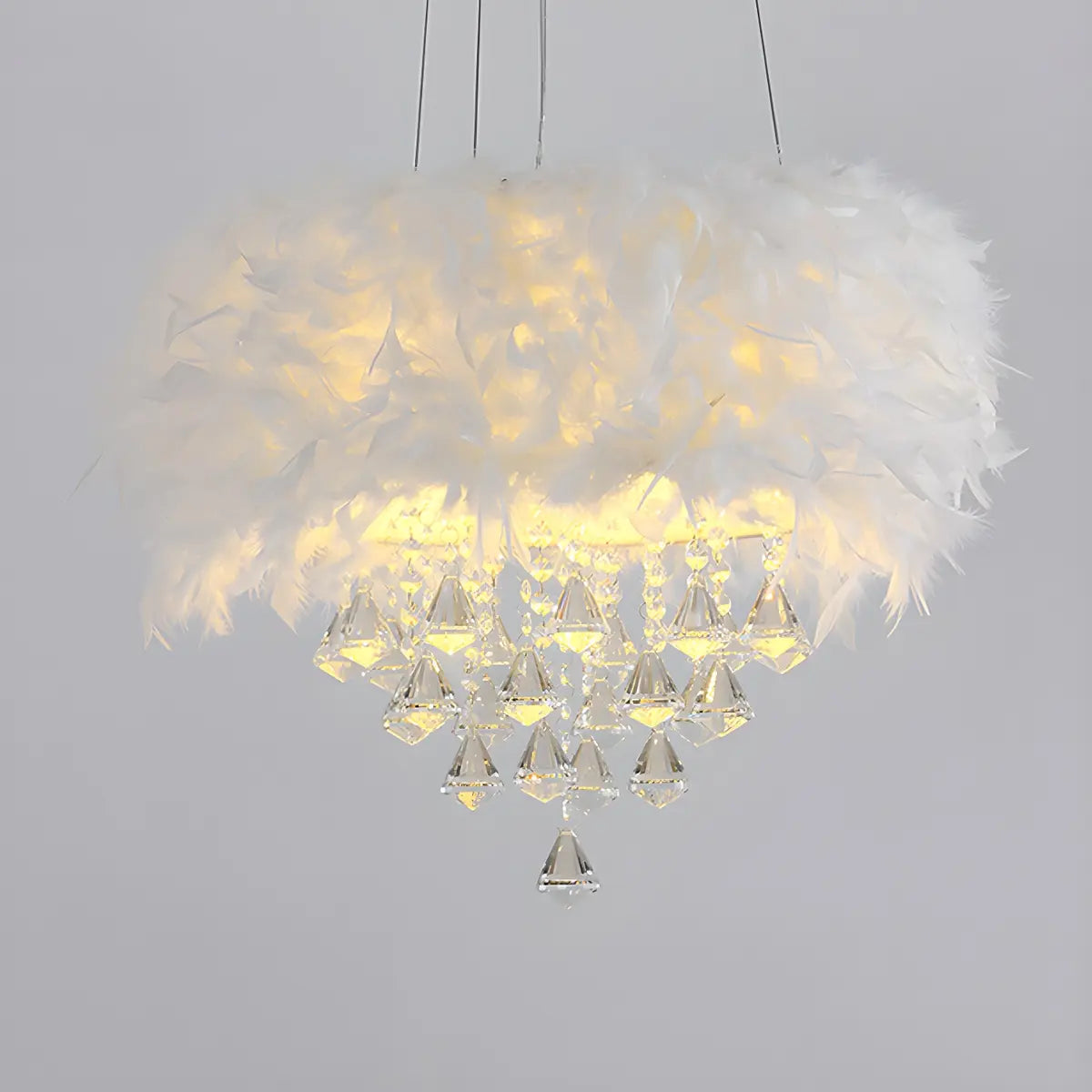 Luxury White Feather and Crystal Drum Pendant Light