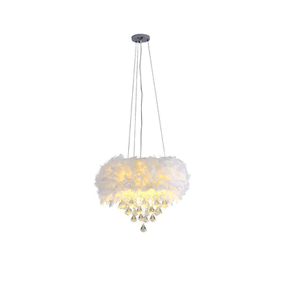 Luxury White Feather and Crystal Drum Pendant Light