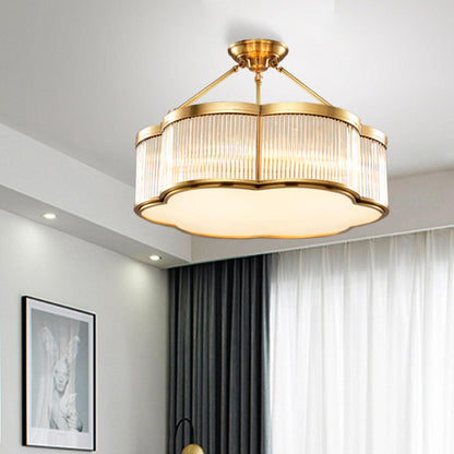 Metal Gold Flower Drum Semi-Flush Mount Ceiling Light