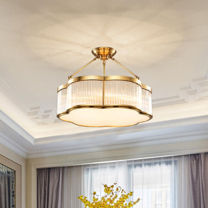 Metal Gold Flower Drum Semi-Flush Mount Ceiling Light