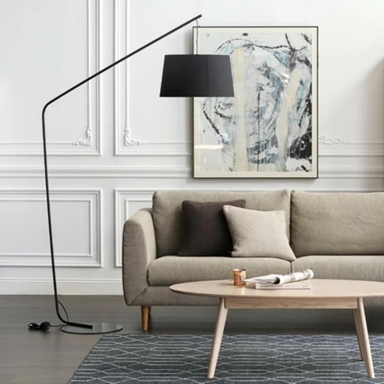 Minimalist Drum Shade and Black Arc Metal Floor Lamp