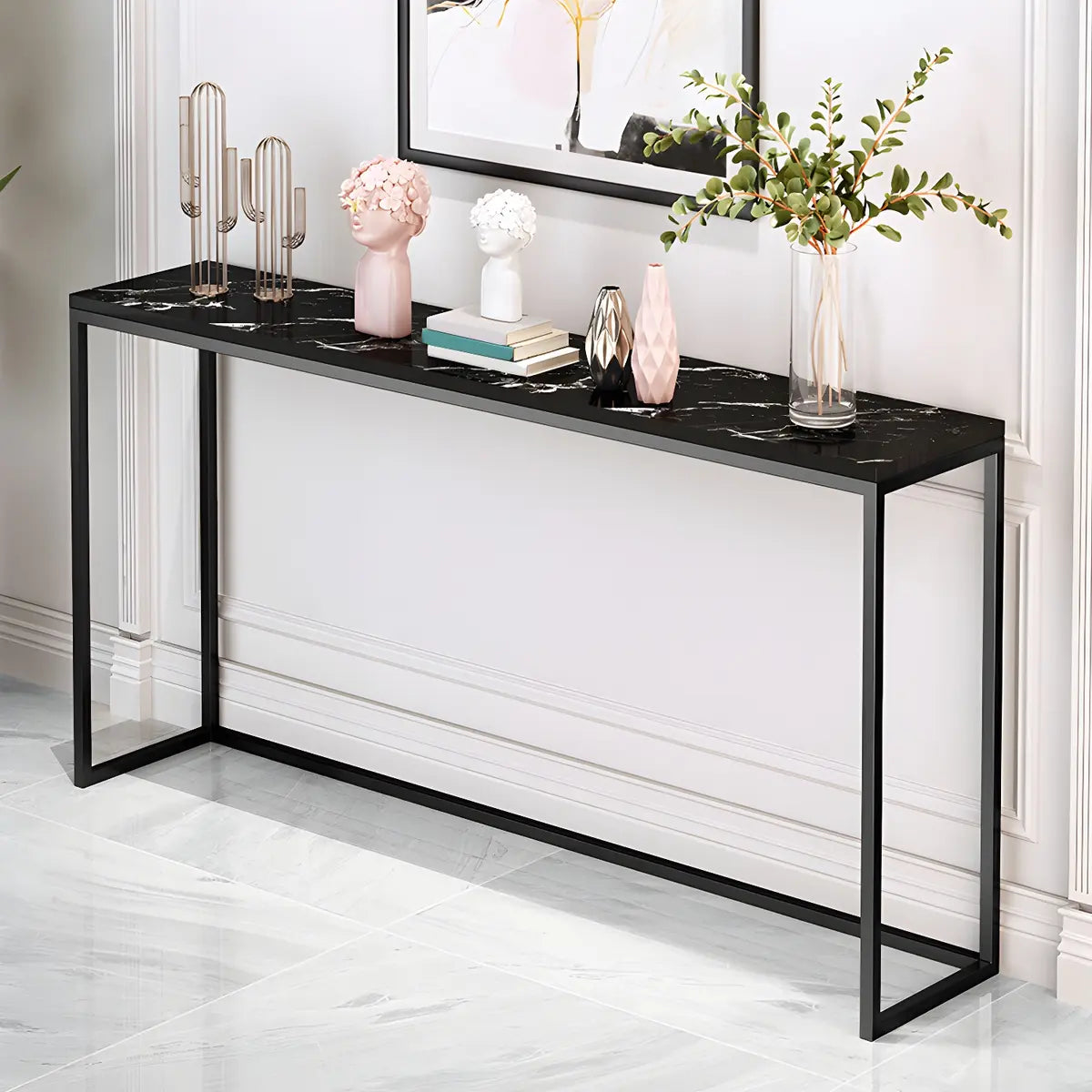 Minimalist Rectangular Marble Top White Console Table