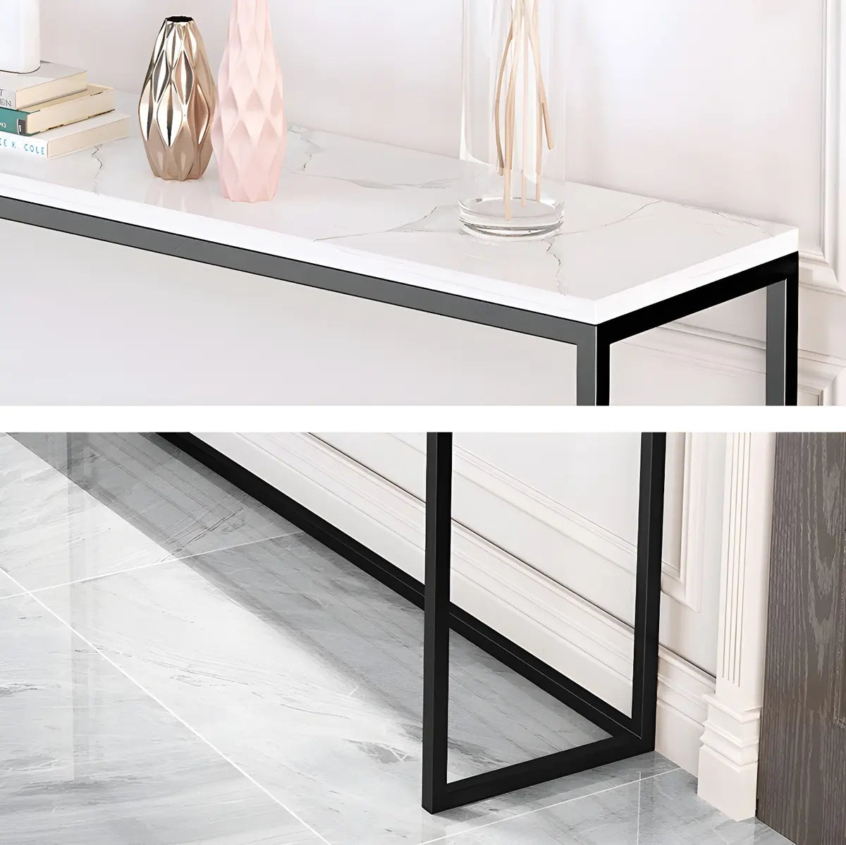 Minimalist Rectangular Marble Top White Console Table