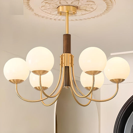 Modern 6-Light Brass Globe Opal Glass Chandelier