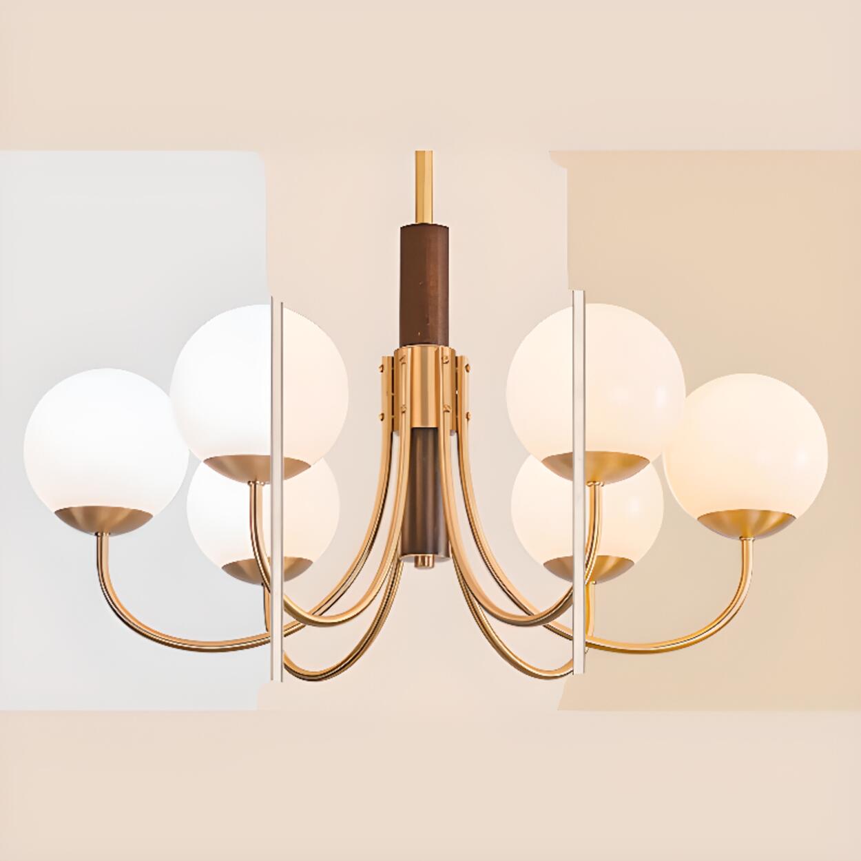 Modern 6-Light Brass Globe Opal Glass Chandelier