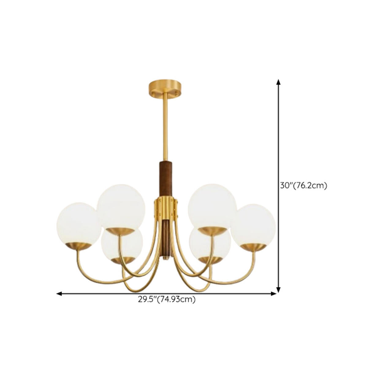 Modern 6-Light Brass Globe Opal Glass Chandelier