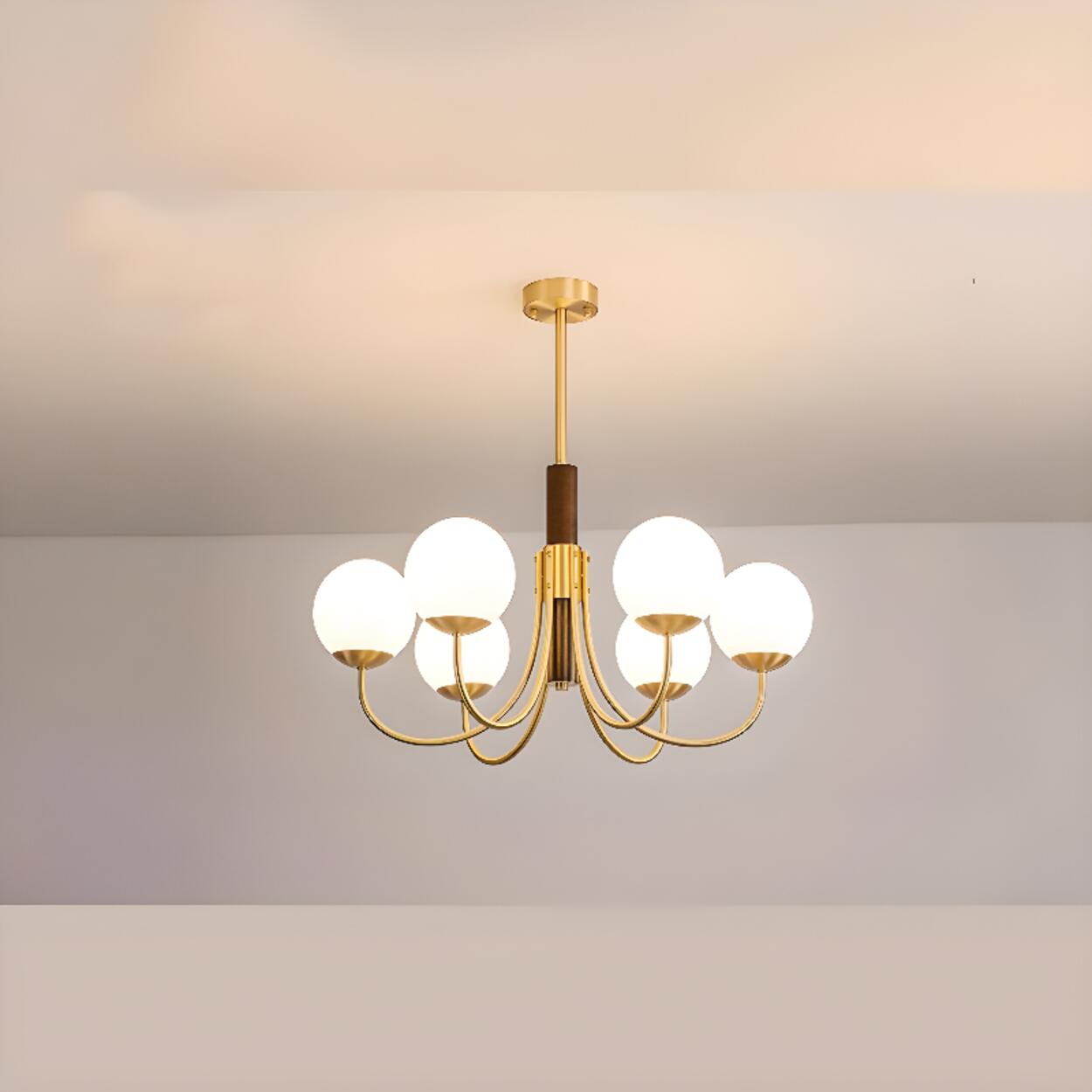 Modern 6-Light Brass Globe Opal Glass Chandelier