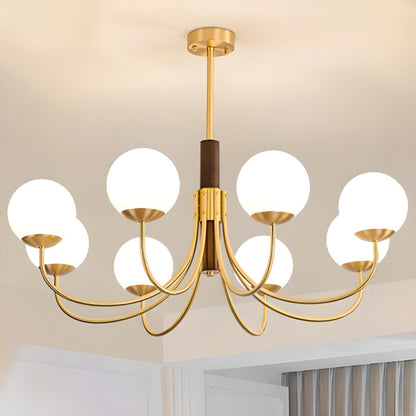 Modern 6-Light Brass Globe Opal Glass Chandelier