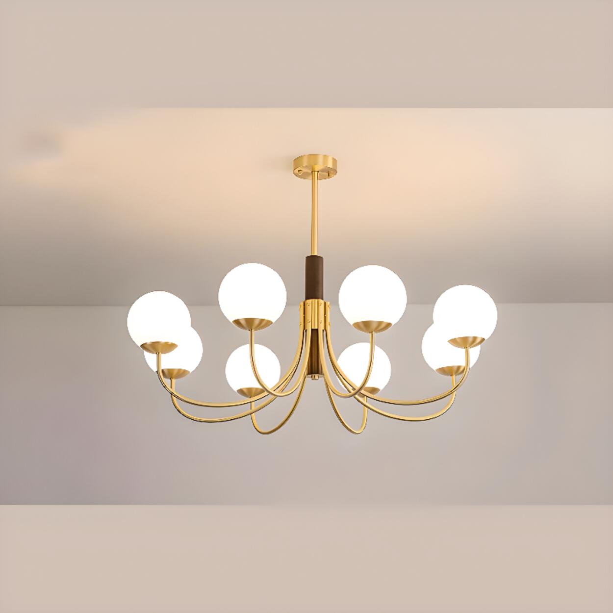 Modern 6-Light Brass Globe Opal Glass Chandelier