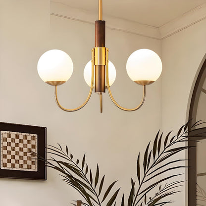 Modern 6-Light Brass Globe Opal Glass Chandelier