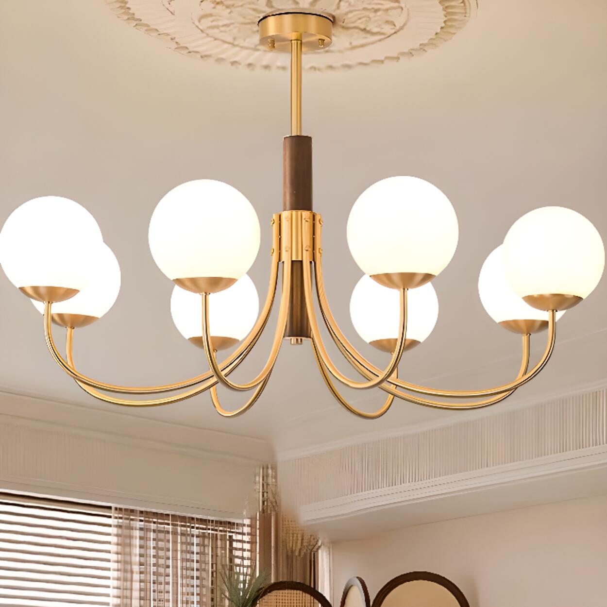 Modern 6-Light Brass Globe Opal Glass Chandelier