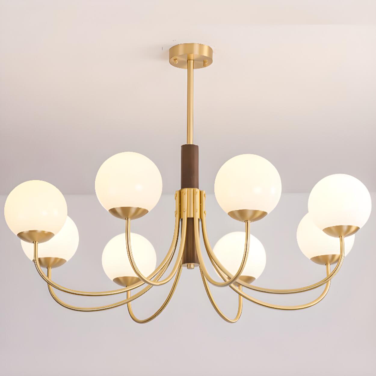 Modern 6-Light Brass Globe Opal Glass Chandelier