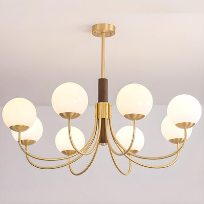 Modern 6-Light Brass Globe Opal Glass Chandelier