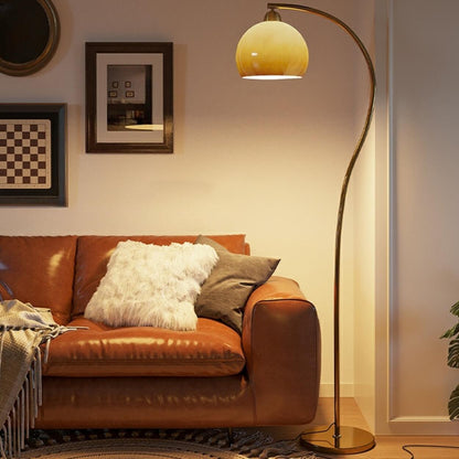 Modern Amber Dome and Curved Gold Metal Floor Lamp