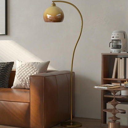 Modern Amber Dome and Curved Gold Metal Floor Lamp