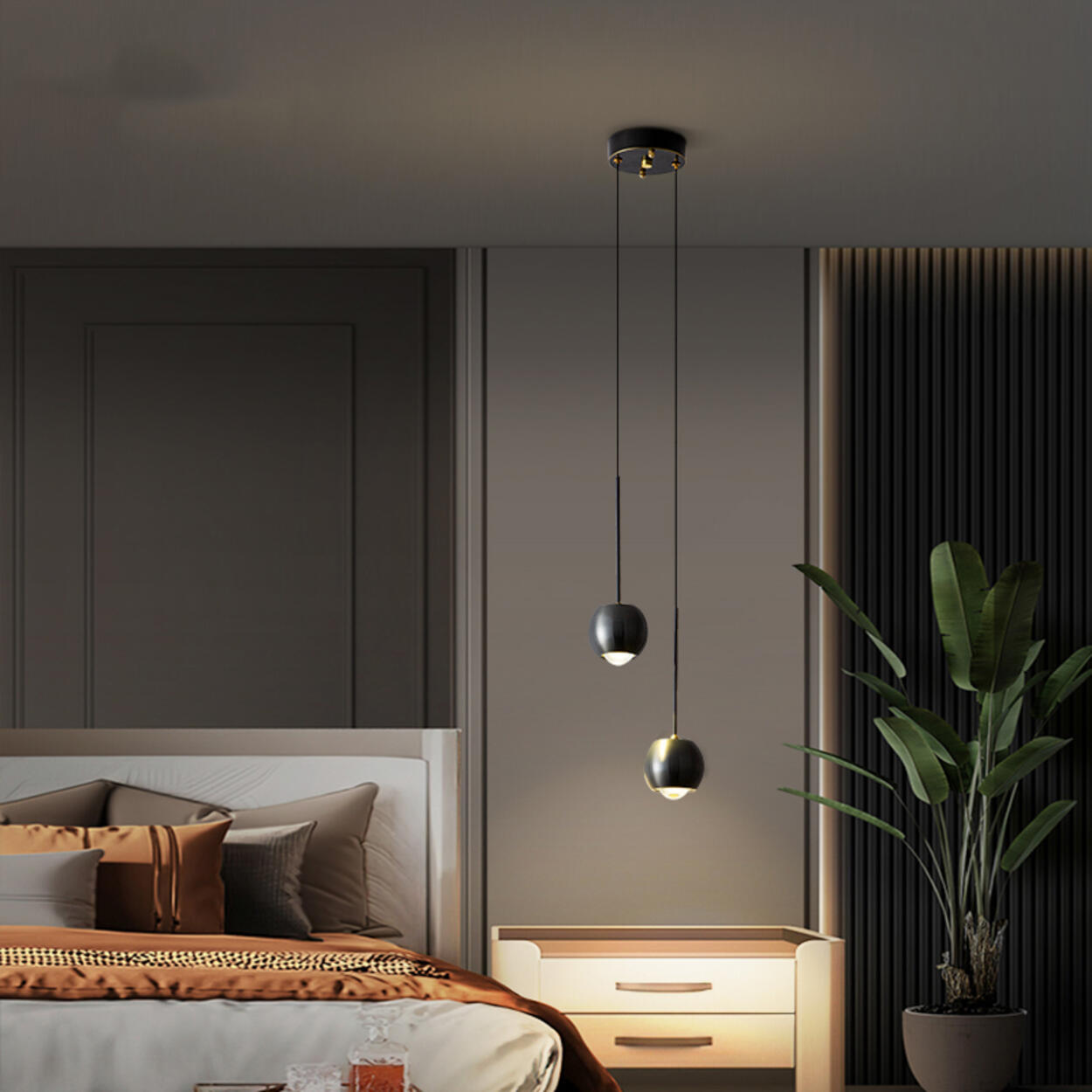 Modern Bedroom Globe Metal Dual Black Sphere Pendant Light