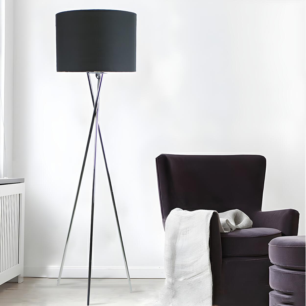 Modern Black Drum Shade Tripod Metal Floor Lamp