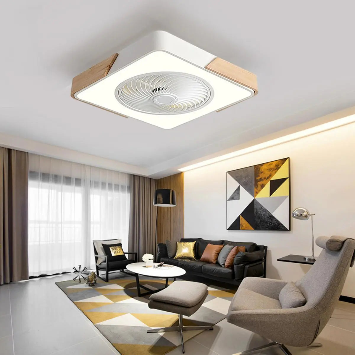 Modern Geometric Wood Finish LED Ceiling Fan with Light