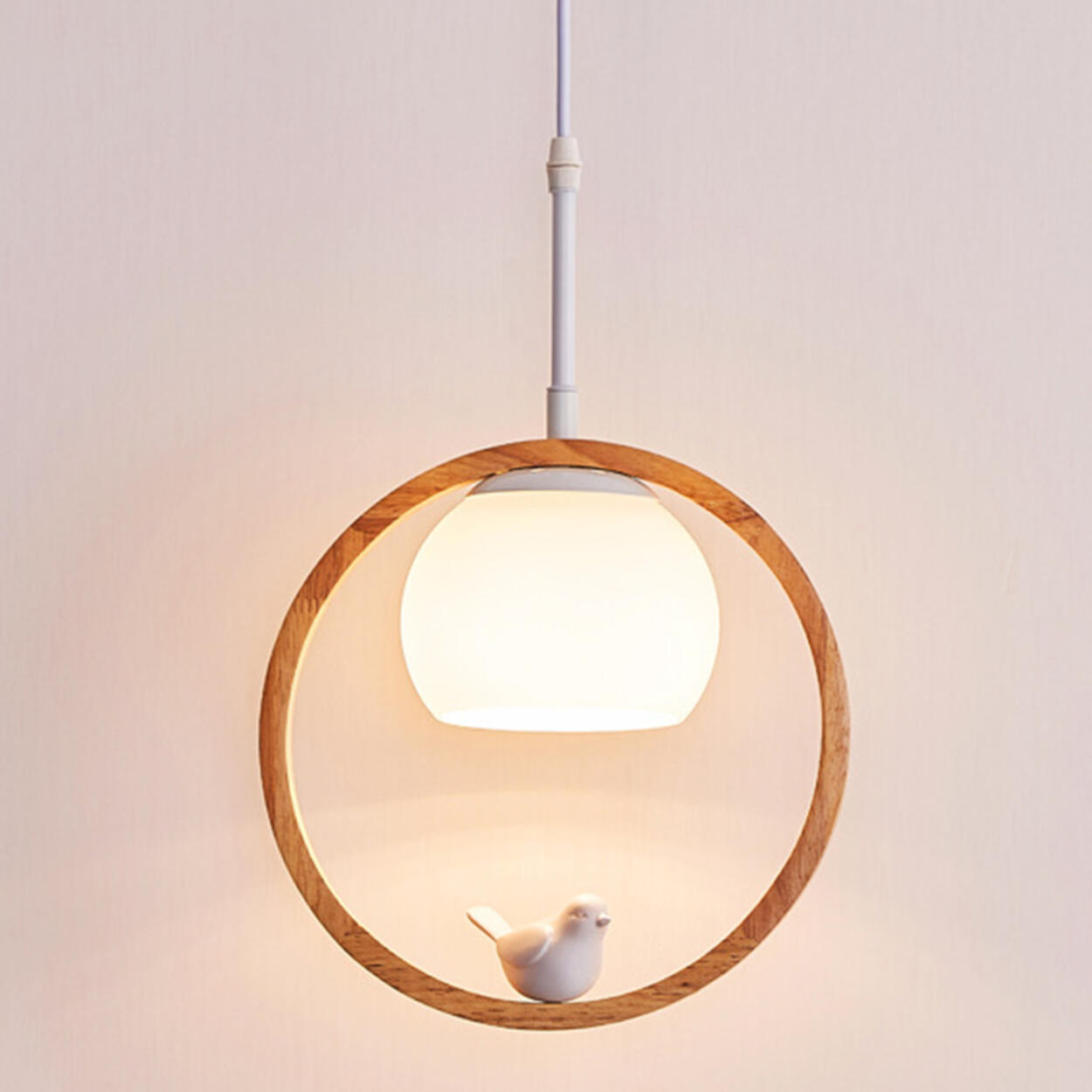 Modern Living Room Ceramic Bird Wooden Ring Pendant Light