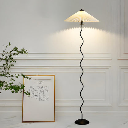 Modern Pleated Shade Wavy Black Metal Floor Lamp