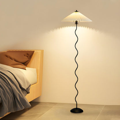 Modern Pleated Shade Wavy Black Metal Floor Lamp