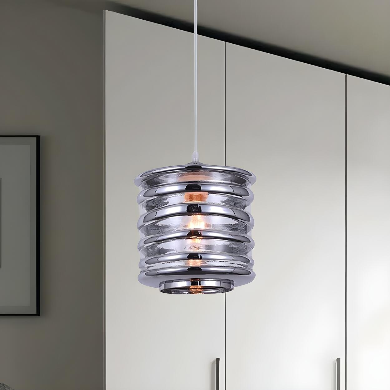 Modern Silver Cylindrical Swirl Glass Kitchen Pendant Light