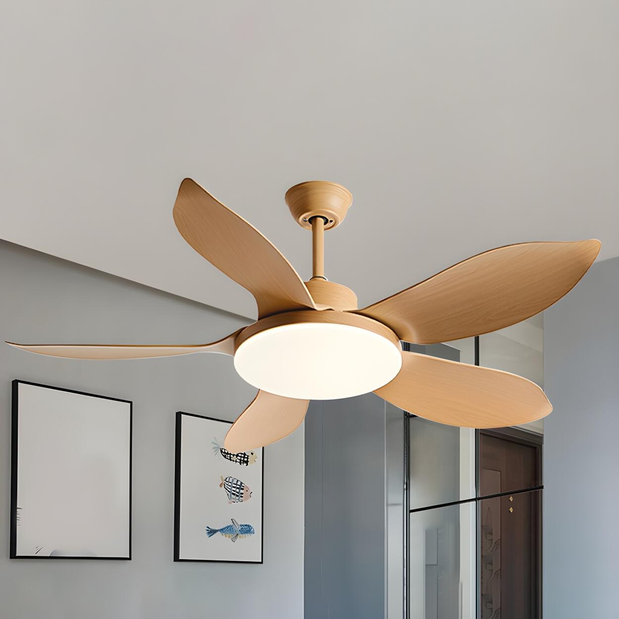 Modern Simple Wood Standard Ceiling Fan with LED Light