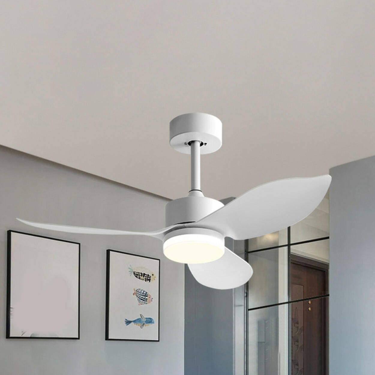 Modern Simple Wood Standard Ceiling Fan with LED Light