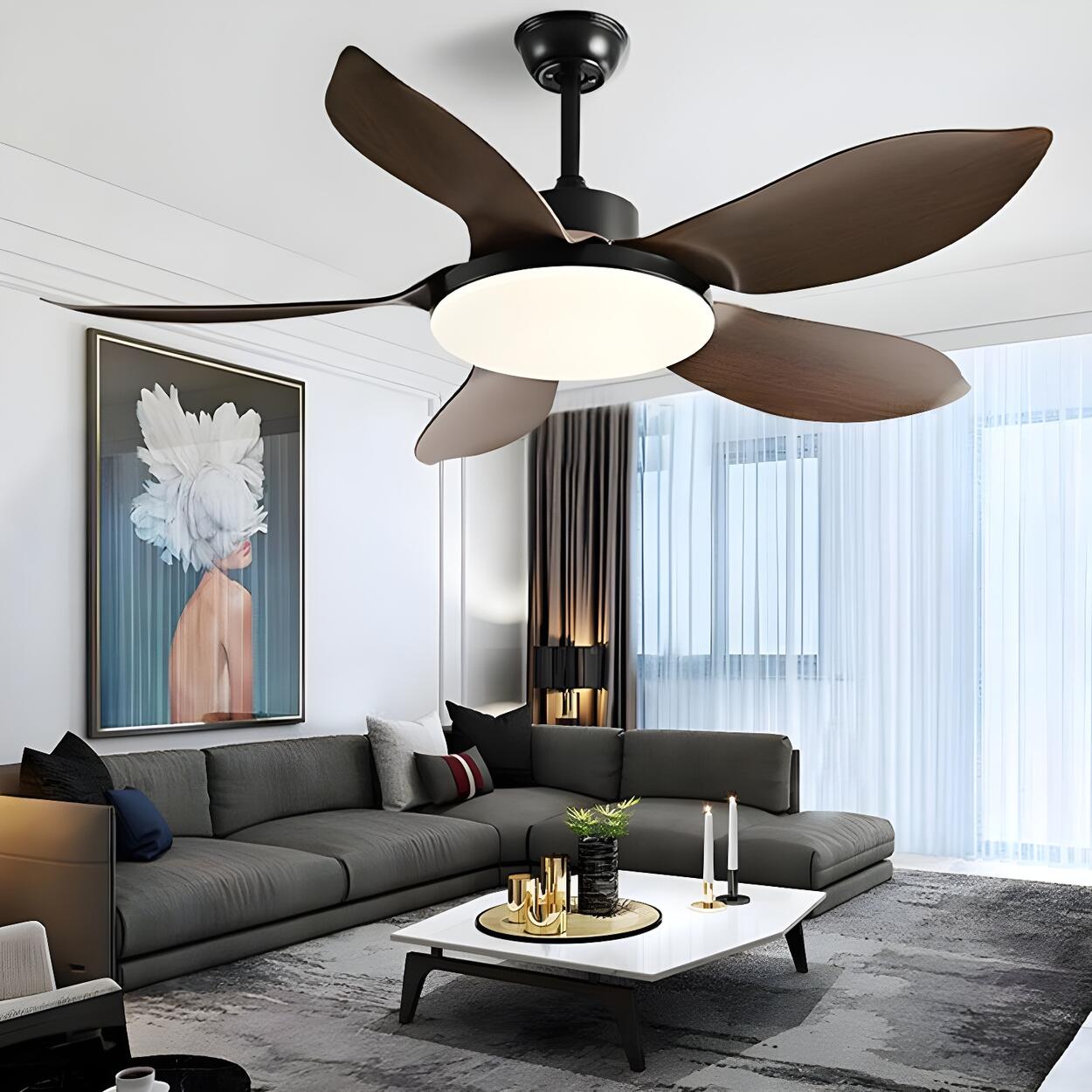 Modern Simple Wood Standard Ceiling Fan with LED Light