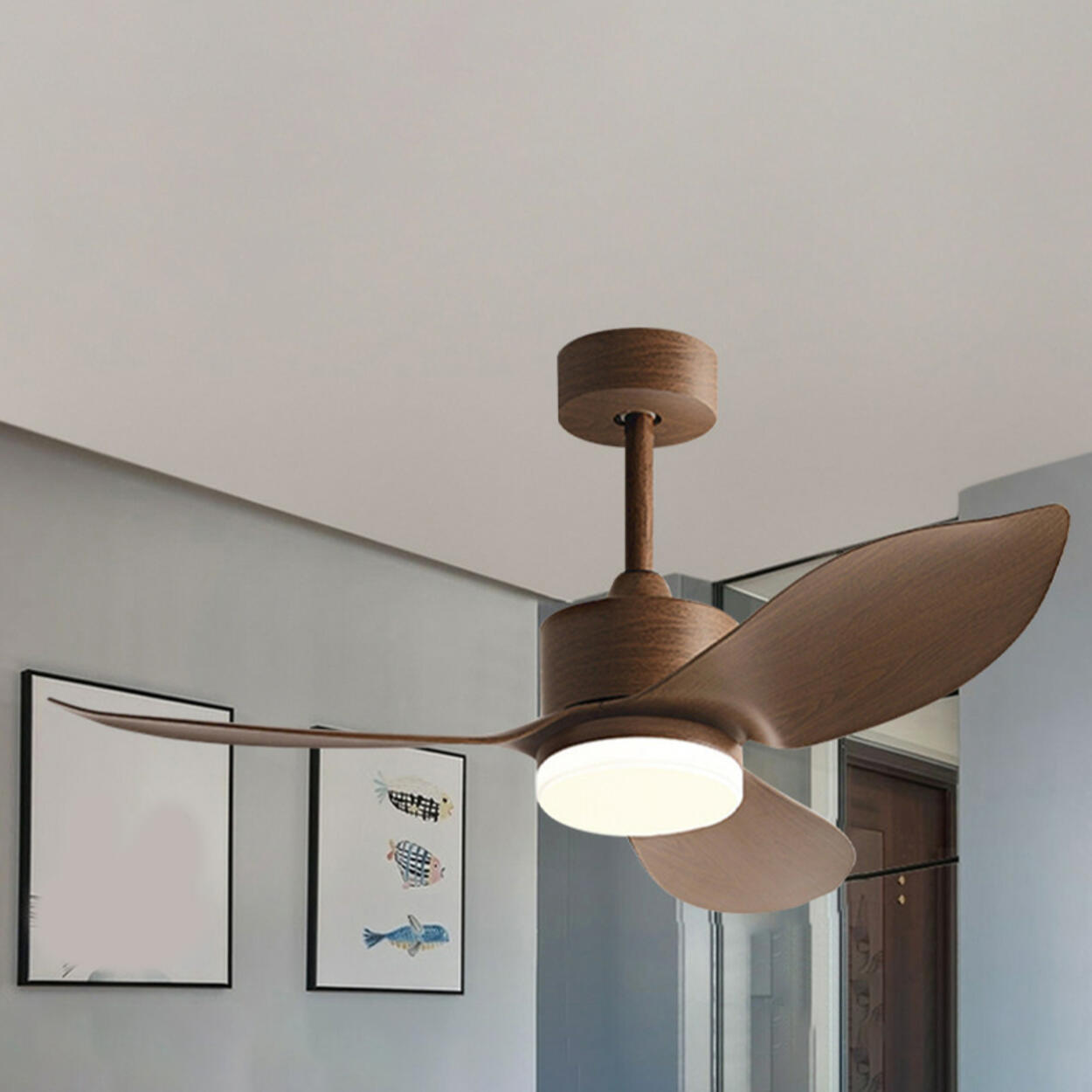 Modern Simple Wood Standard Ceiling Fan with LED Light