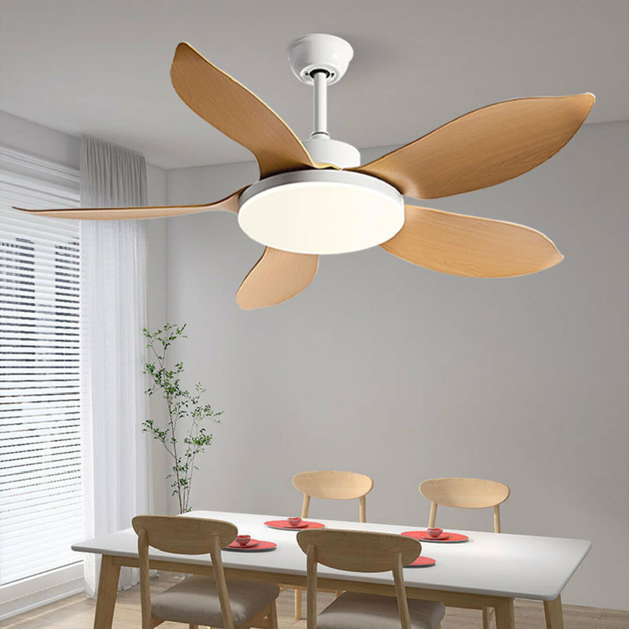 Modern Simple Wood Standard Ceiling Fan with LED Light