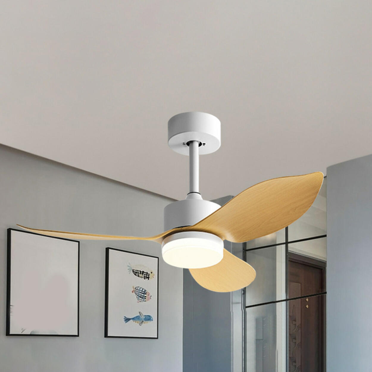 Modern Simple Wood Standard Ceiling Fan with LED Light