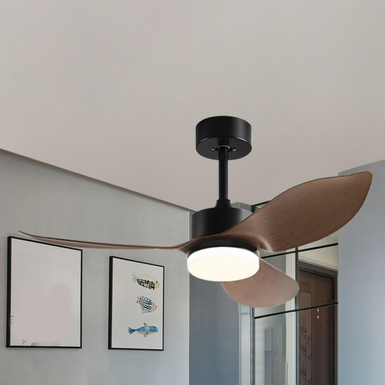 Modern Simple Wood Standard Ceiling Fan with LED Light