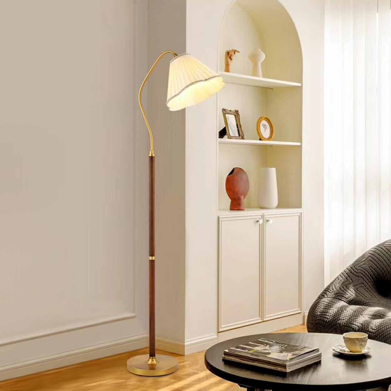 Modern Trendy Pleated Brown Wood Arched Floor Lamp