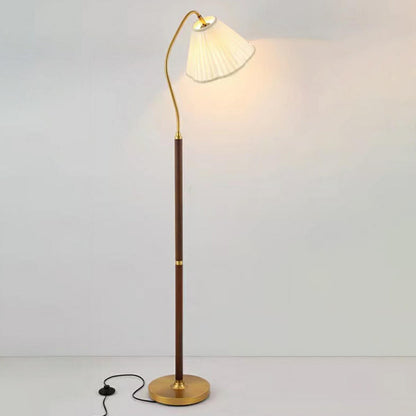 Modern Trendy Pleated Brown Wood Arched Floor Lamp