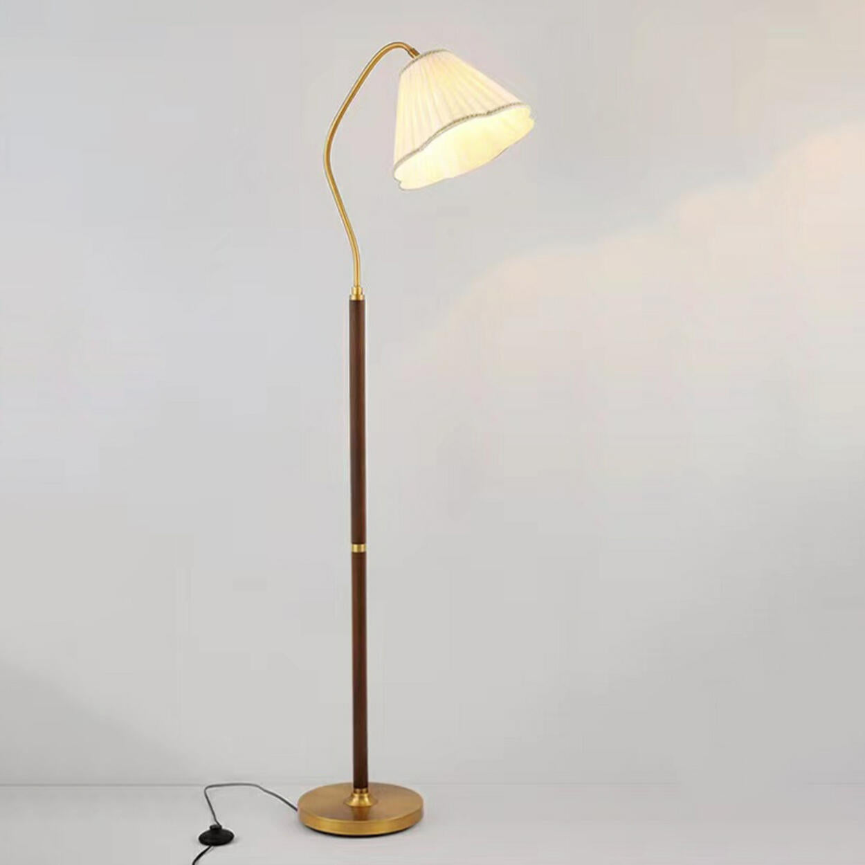 Modern Trendy Pleated Brown Wood Arched Floor Lamp