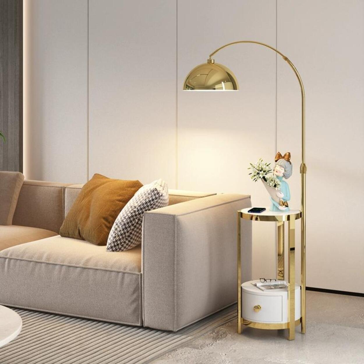 Multifunctional White Dome Floor Lamp with Side Table