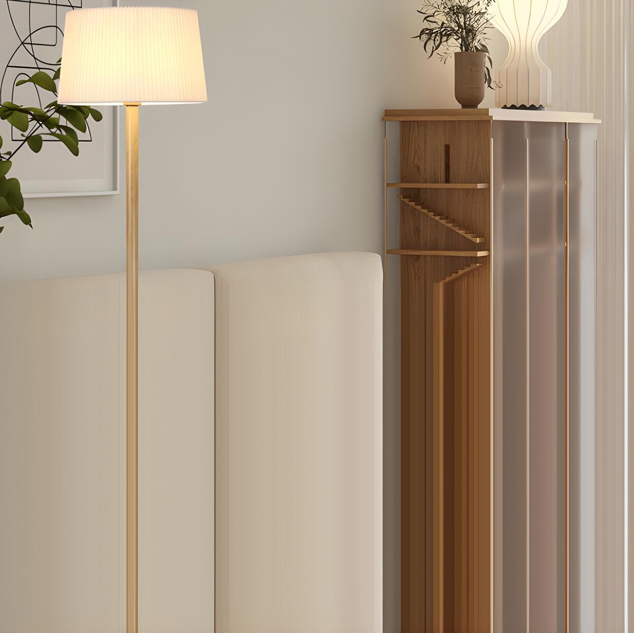 Natural Drum Wood-color Metal Column Floor Lamp